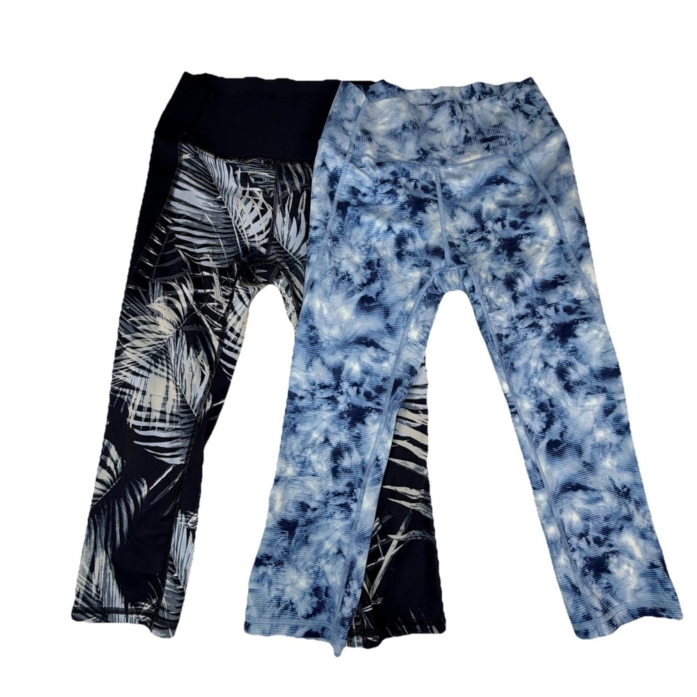 Lot 2 GapFit Womens Sculpt Compression Leggings Sz M Navy Palm Leaf Blue Tye Dye